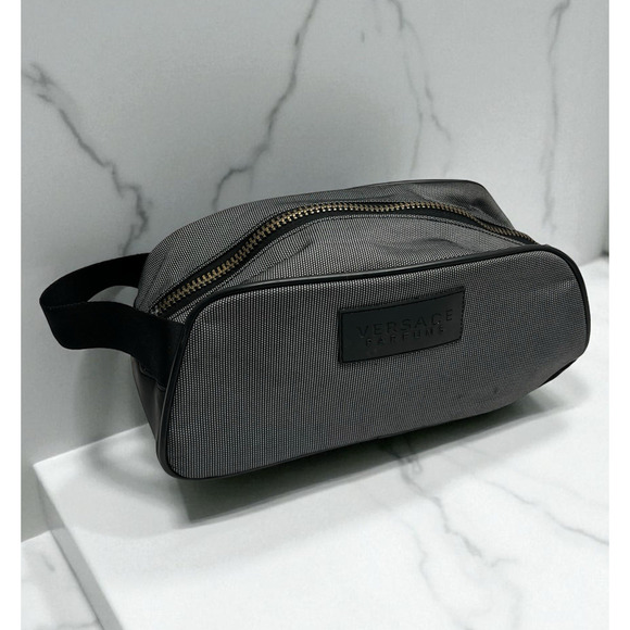 Versace Perfums Men’s Toiletry Zip Up Shave Bag Dark Gray Black Trim - Picture 1 of 10